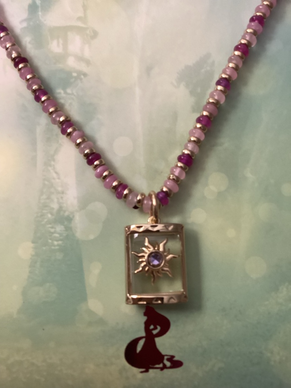 Disney Kid Princess Rapunzel Tangled Gold Tone/Purple Bead Sun Pendant Necklace - Picture 2 of 6